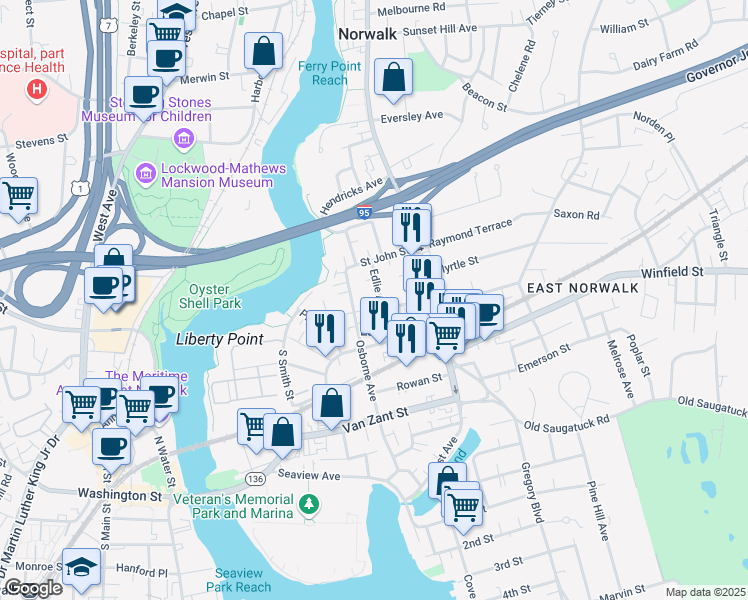 map of restaurants, bars, coffee shops, grocery stores, and more near 13 Edlie Avenue in Norwalk