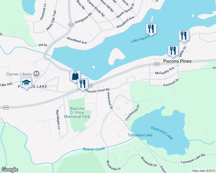 map of restaurants, bars, coffee shops, grocery stores, and more near 5145 Pocono Crest Road in Pocono Pines