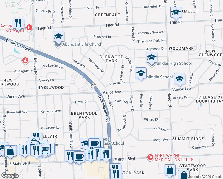 map of restaurants, bars, coffee shops, grocery stores, and more near 4103 Victoria Drive in Fort Wayne