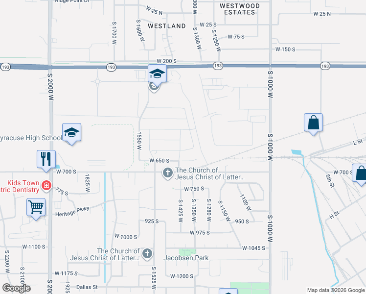 map of restaurants, bars, coffee shops, grocery stores, and more near 587 South 1400 West in Syracuse