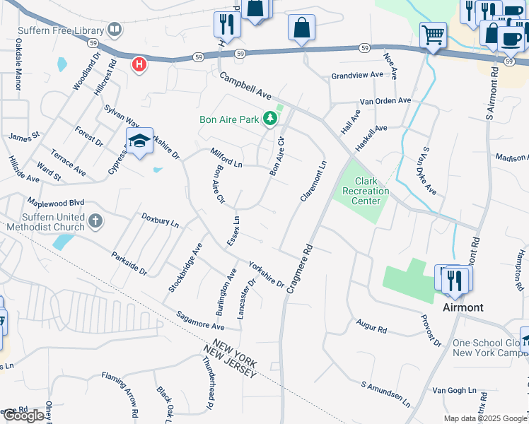 map of restaurants, bars, coffee shops, grocery stores, and more near 28 Bon Aire Circle in Suffern