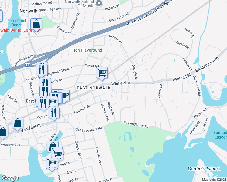 map of restaurants, bars, coffee shops, grocery stores, and more near 88 Winfield Street in Norwalk