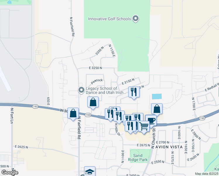 map of restaurants, bars, coffee shops, grocery stores, and more near 3129 North 1125 East in Layton