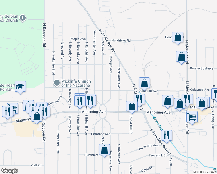 map of restaurants, bars, coffee shops, grocery stores, and more near 138 Carnegie Avenue in Youngstown