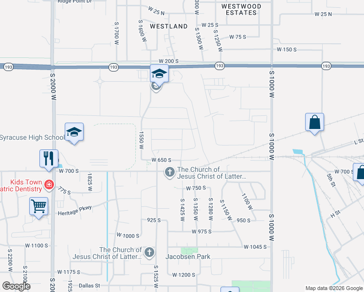 map of restaurants, bars, coffee shops, grocery stores, and more near South 1400 West in Syracuse
