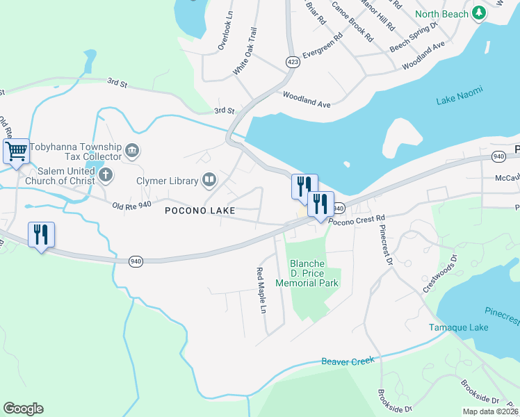 map of restaurants, bars, coffee shops, grocery stores, and more near Tamarack Avenue in Pocono Pines
