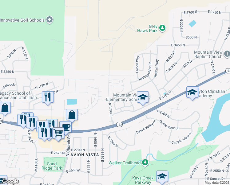 map of restaurants, bars, coffee shops, grocery stores, and more near 3329 North 1750 East in Layton