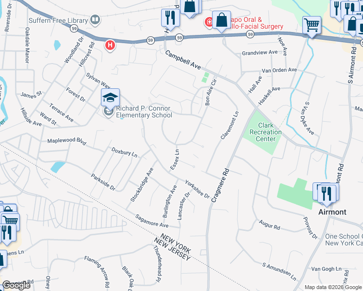 map of restaurants, bars, coffee shops, grocery stores, and more near 46 Bon Aire Circle East in Suffern