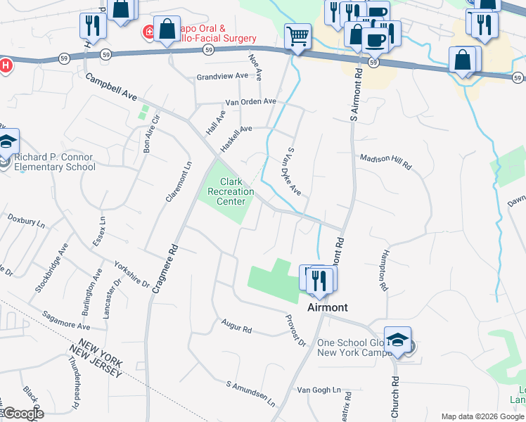 map of restaurants, bars, coffee shops, grocery stores, and more near 50 Campbell Avenue in Airmont