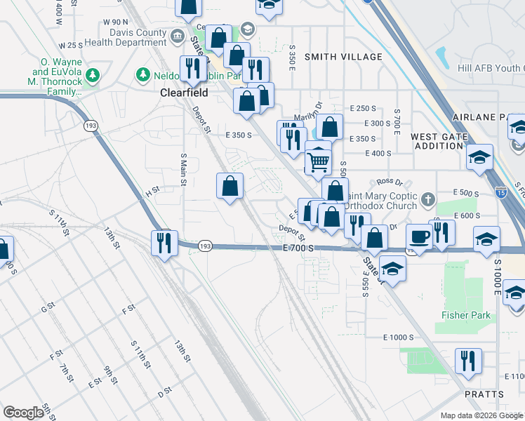 map of restaurants, bars, coffee shops, grocery stores, and more near 361 East 525 South in Clearfield