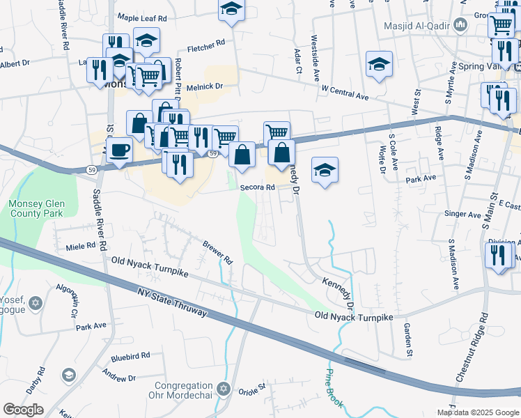 map of restaurants, bars, coffee shops, grocery stores, and more near 10 Secora Road in Monsey