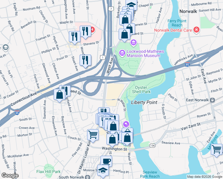 map of restaurants, bars, coffee shops, grocery stores, and more near 100 North Water Street in Norwalk