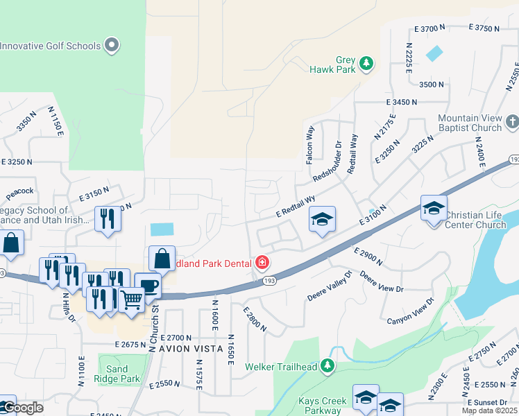 map of restaurants, bars, coffee shops, grocery stores, and more near 3310 North 1750 East in Layton