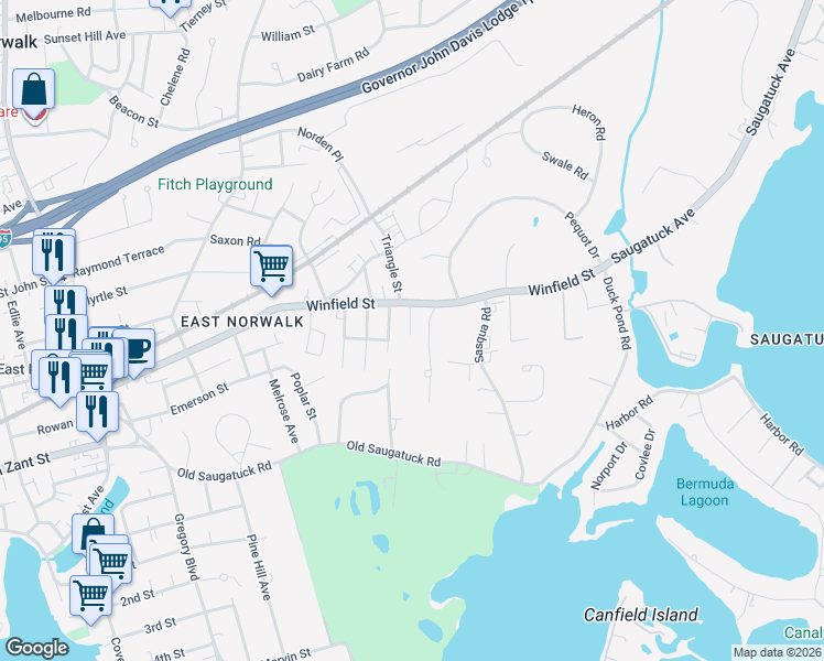 map of restaurants, bars, coffee shops, grocery stores, and more near 99 Acacia Street in Norwalk