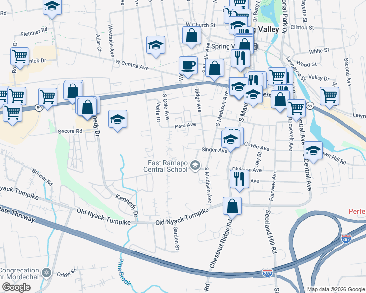 map of restaurants, bars, coffee shops, grocery stores, and more near 20 Park Avenue in Spring Valley