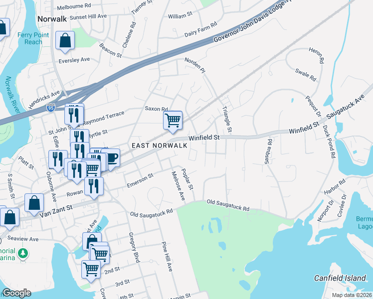 map of restaurants, bars, coffee shops, grocery stores, and more near 78 Winfield Street in Norwalk