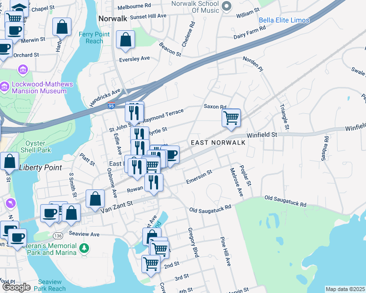 map of restaurants, bars, coffee shops, grocery stores, and more near 18 Strawberry Hill Avenue in Norwalk