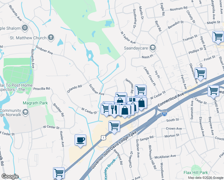 map of restaurants, bars, coffee shops, grocery stores, and more near 11 Freedman Drive in Norwalk
