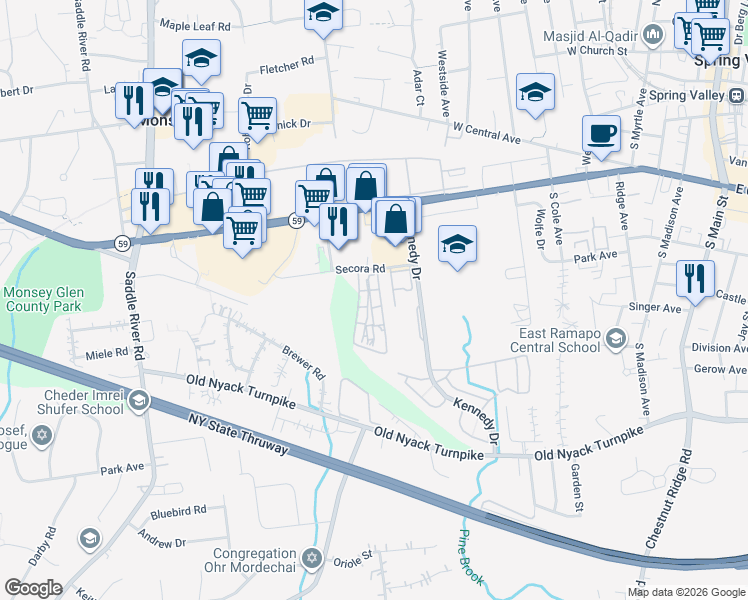 map of restaurants, bars, coffee shops, grocery stores, and more near 1 Secora Road in Ramapo