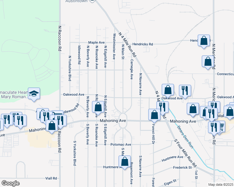 map of restaurants, bars, coffee shops, grocery stores, and more near 138 North Main Street in Youngstown