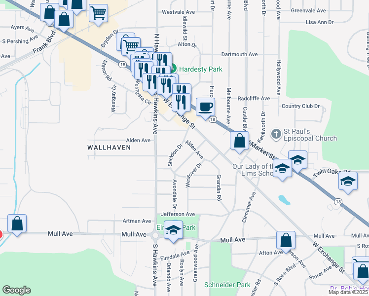 map of restaurants, bars, coffee shops, grocery stores, and more near 90 Sheldon Drive in Akron
