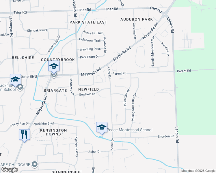 map of restaurants, bars, coffee shops, grocery stores, and more near 2909-3021 Long Road in Fort Wayne