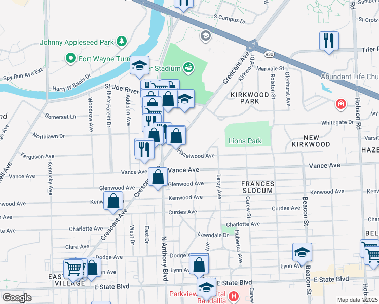 map of restaurants, bars, coffee shops, grocery stores, and more near 3228 Crescent Avenue in Fort Wayne