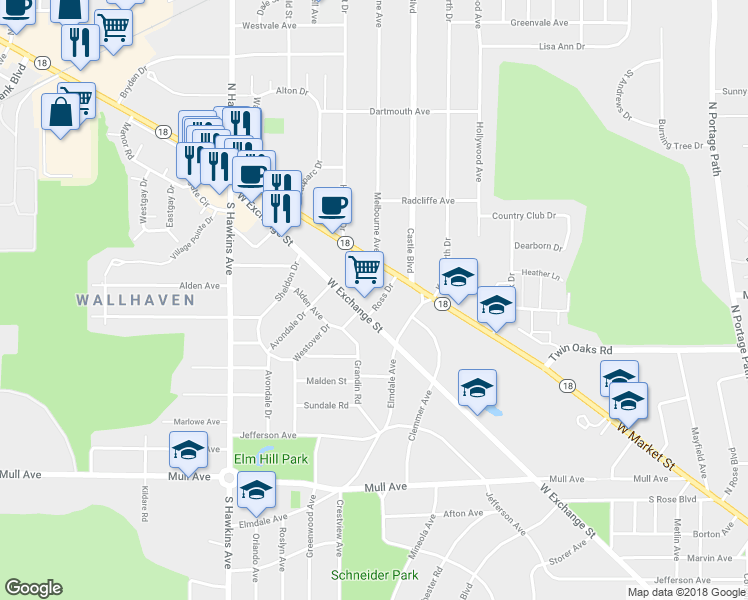 map of restaurants, bars, coffee shops, grocery stores, and more near 38 Ross Drive in Akron