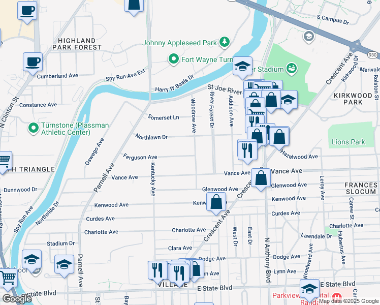 map of restaurants, bars, coffee shops, grocery stores, and more near 1311 Ferguson Avenue in Fort Wayne
