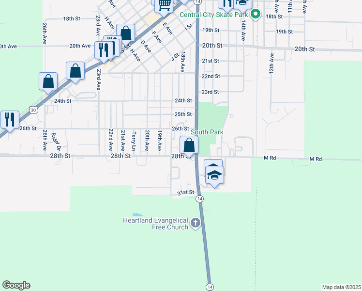 map of restaurants, bars, coffee shops, grocery stores, and more near 2715 Parkview Drive in Central City
