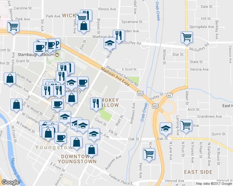 map of restaurants, bars, coffee shops, grocery stores, and more near 620 Audubon Street in Youngstown