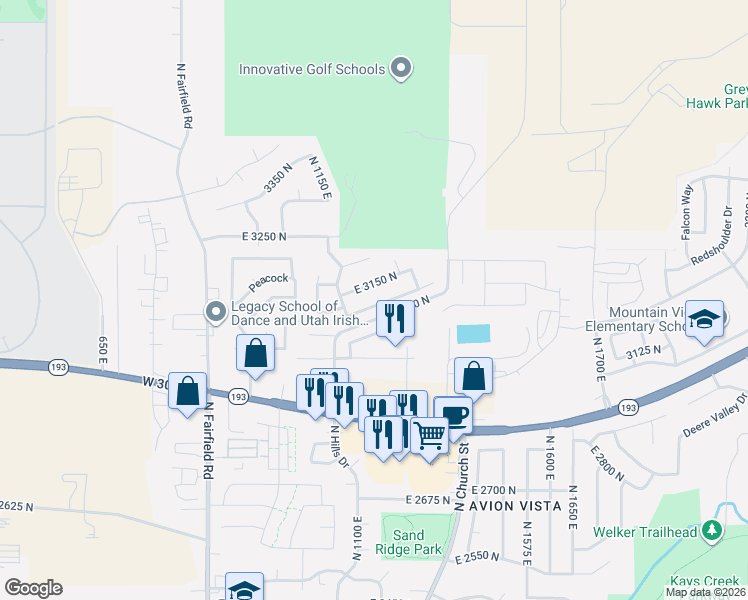 map of restaurants, bars, coffee shops, grocery stores, and more near 1245 East 3125 North in Layton