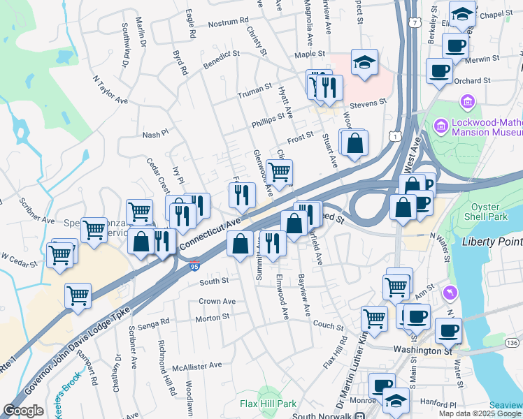 map of restaurants, bars, coffee shops, grocery stores, and more near 120 Connecticut Avenue in Norwalk