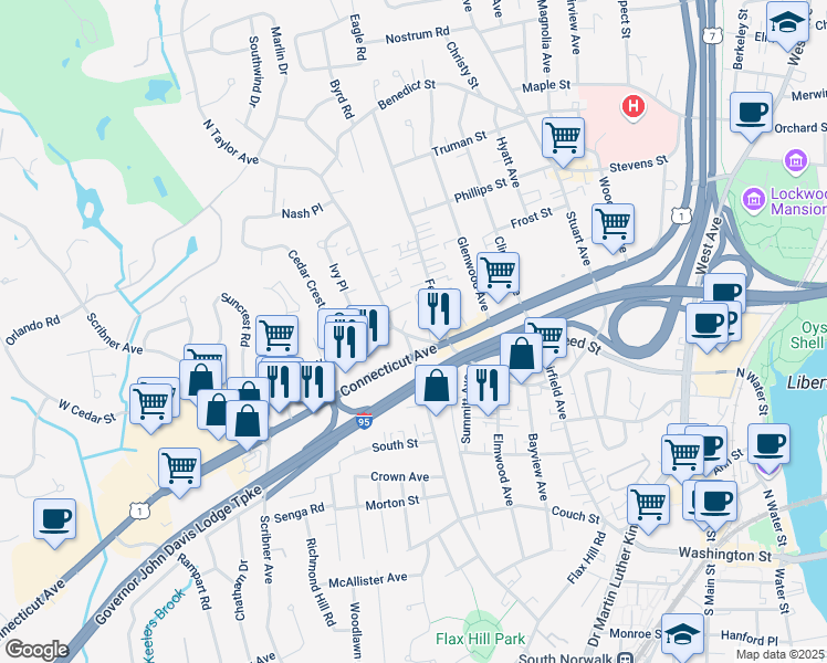 map of restaurants, bars, coffee shops, grocery stores, and more near 6 North Taylor Avenue in Norwalk