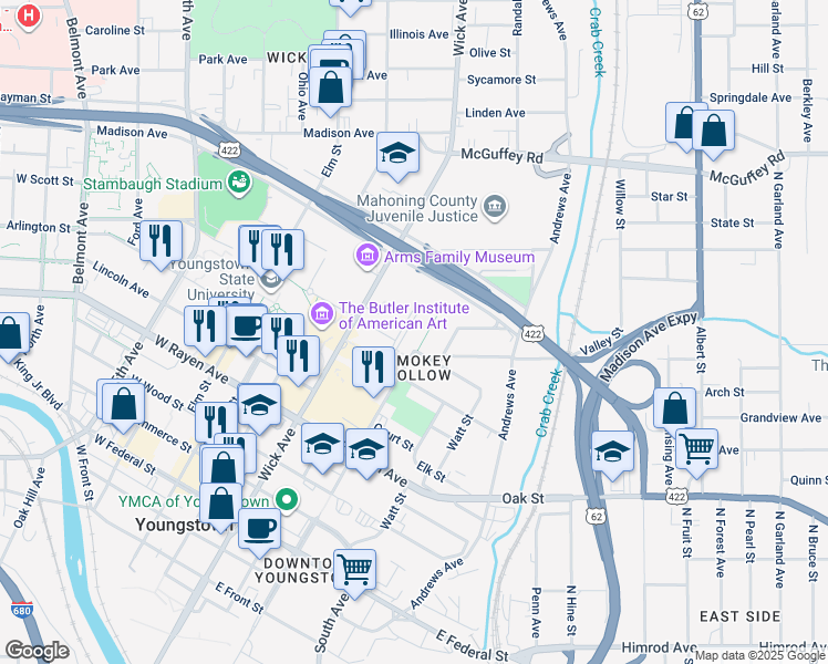 map of restaurants, bars, coffee shops, grocery stores, and more near 91 Wick Oval Street in Youngstown