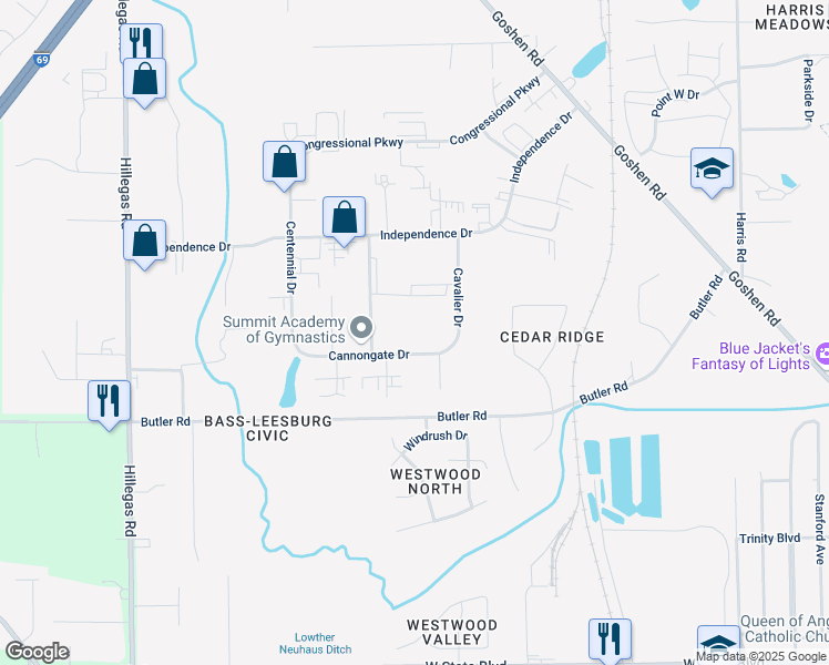 map of restaurants, bars, coffee shops, grocery stores, and more near 3404 Conestoga Drive in Fort Wayne