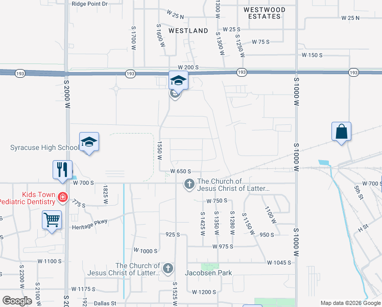 map of restaurants, bars, coffee shops, grocery stores, and more near 1443 West 550 South in Syracuse