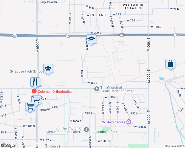 map of restaurants, bars, coffee shops, grocery stores, and more near 1456 West 550 South in Syracuse