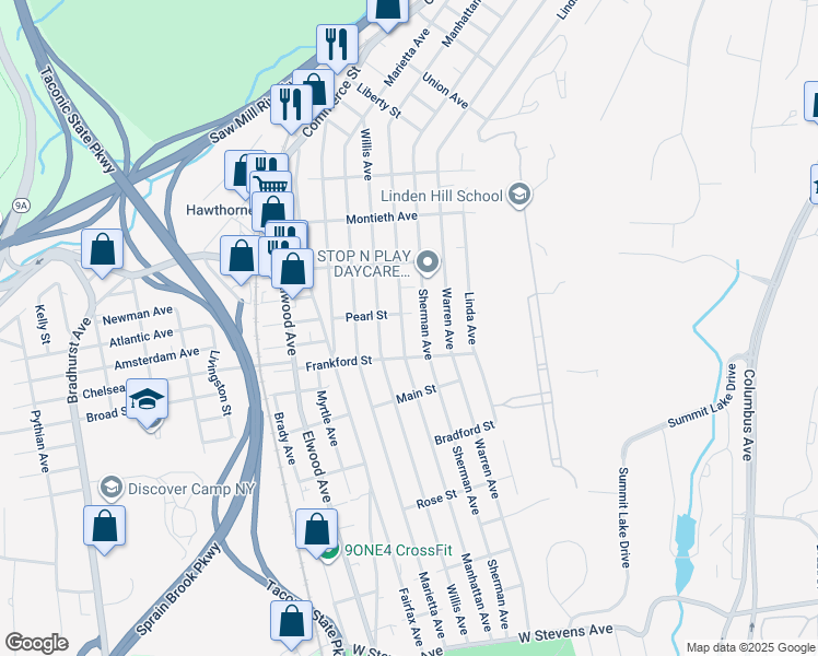 map of restaurants, bars, coffee shops, grocery stores, and more near 311 Manhattan Avenue in Hawthorne