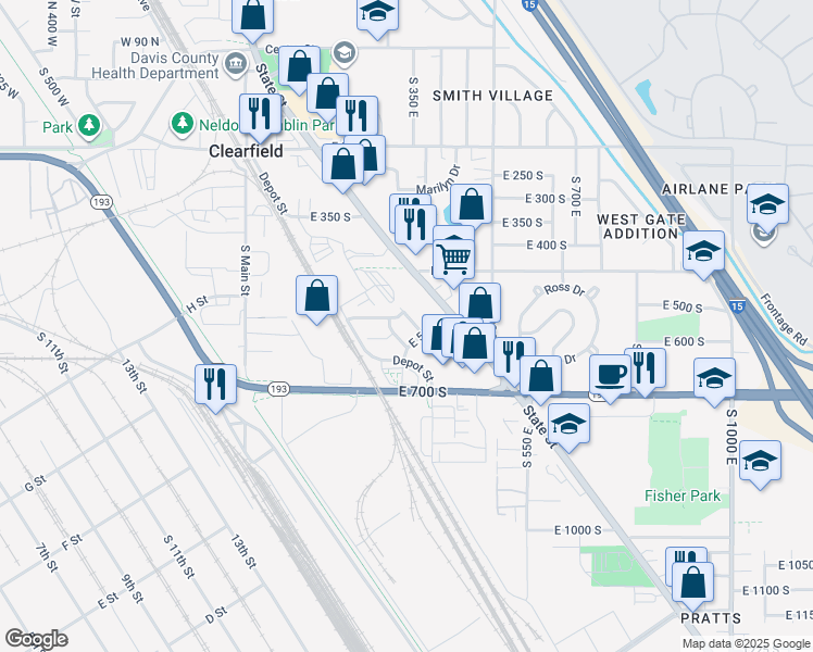 map of restaurants, bars, coffee shops, grocery stores, and more near 518 South 450 East in Clearfield