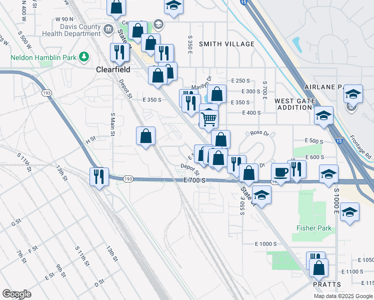 map of restaurants, bars, coffee shops, grocery stores, and more near 518 South 450 East in Clearfield