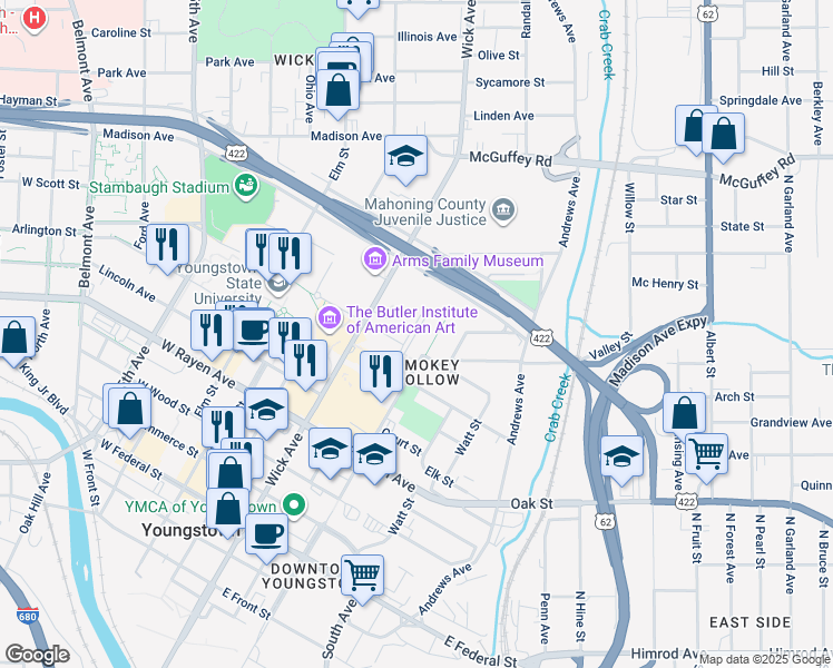 map of restaurants, bars, coffee shops, grocery stores, and more near 91 Wick Oval Street in Youngstown