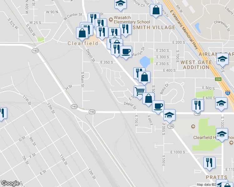 map of restaurants, bars, coffee shops, grocery stores, and more near 348 East 500 South in Clearfield