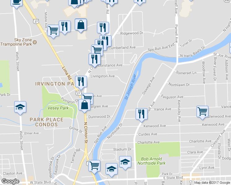 map of restaurants, bars, coffee shops, grocery stores, and more near 501 Penn Avenue in Fort Wayne
