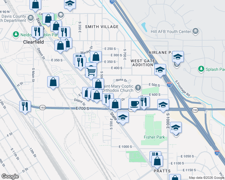 map of restaurants, bars, coffee shops, grocery stores, and more near 119 Parkway Drive in Clearfield