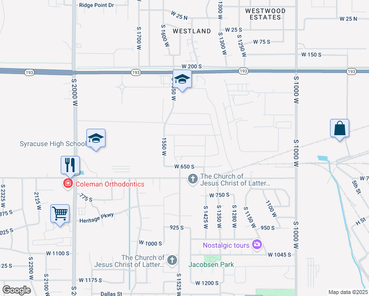map of restaurants, bars, coffee shops, grocery stores, and more near 1456 West 550 South in Syracuse
