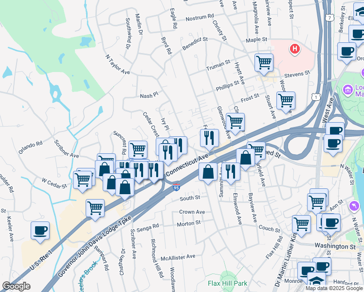 map of restaurants, bars, coffee shops, grocery stores, and more near 8 Ivy Place in Norwalk