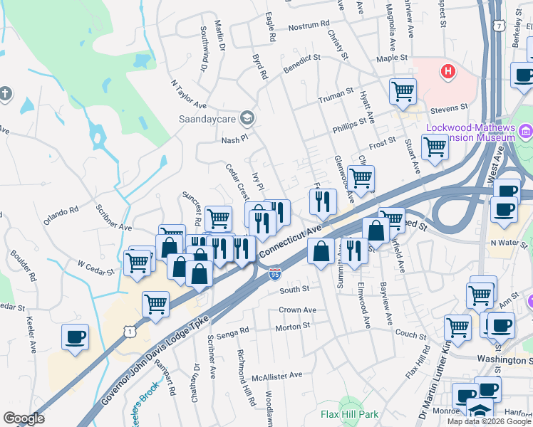 map of restaurants, bars, coffee shops, grocery stores, and more near 8 Ivy Place in Norwalk