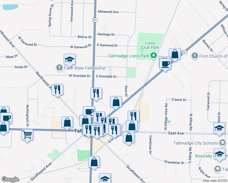 map of restaurants, bars, coffee shops, grocery stores, and more near 120 North Avenue in Tallmadge