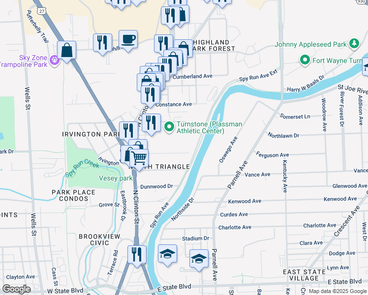 map of restaurants, bars, coffee shops, grocery stores, and more near 501 Penn Avenue in Fort Wayne